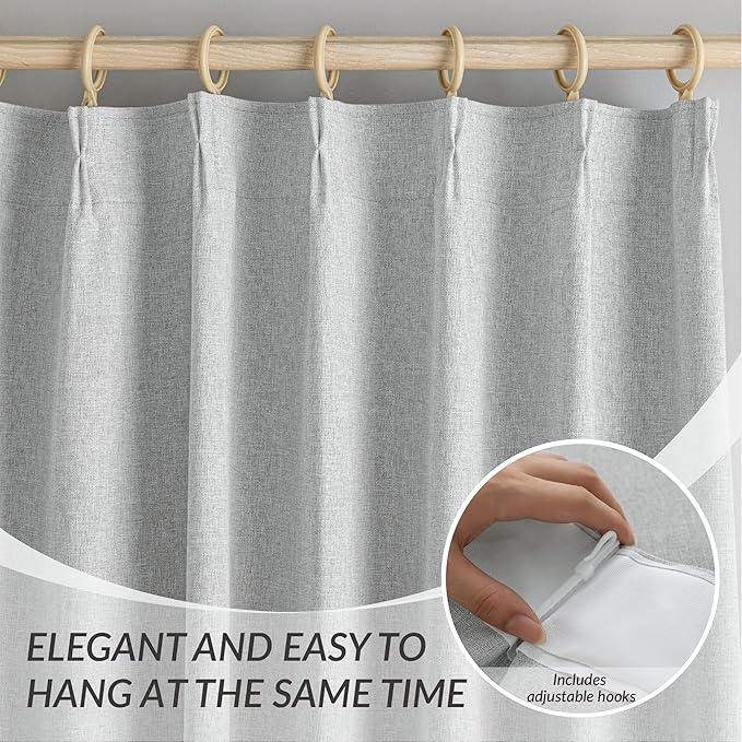 KangBang Blackout Pinch Pleated Curtains 90 Inches Long for Bedroom, Linen Woven Textured Pleated Drapes 2 Panels for Living Room Office, Sun Blocking Neutral Window Treatments,42x90 Inch, Light Grey