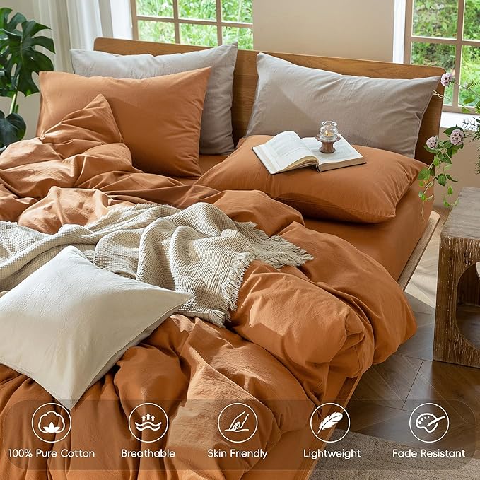 MooMee Bedding Duvet Cover Set 100% Washed Cotton Linen Like Textured Breathable Durable Soft Comfy (Solid Burnt Orange, King 104"x90")