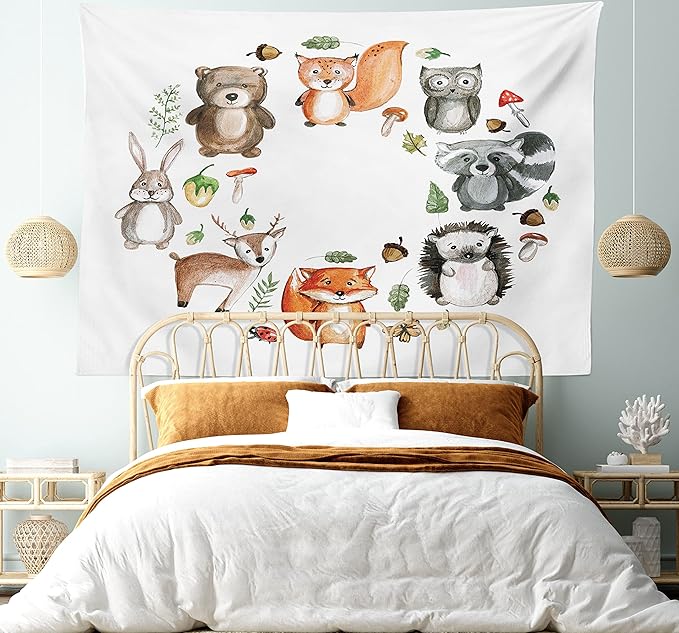 Lunarable Woodland Tapestry, Animals of The Forest Mushrooms Acorns Circular Frame Cartoon Pastel Colors, Wide Wall Hanging for Bedroom Living Room Dorm, 60" X 40", Multicolor