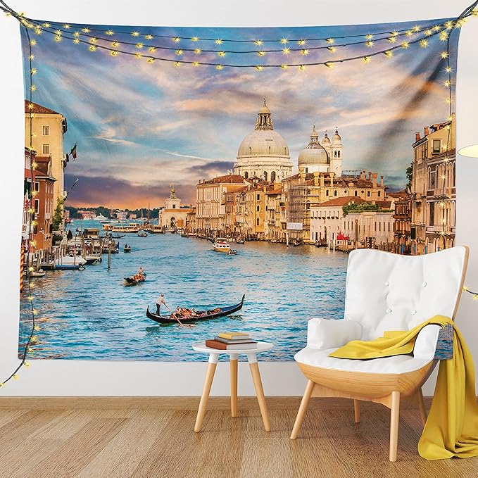 Ambesonne Scenery Tapestry, Gondola on Famous Grand Canal with Romantic View of Italian Architecture Venice, Wall Hanging for Bedroom Living Room Dorm Decor, 60" X 80", Multicolor