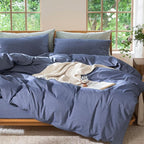 MooMee Bedding Duvet Cover Set 100% Washed Cotton Linen Like Textured Breathable Durable Soft Comfy (Heathered Blue, Full 80"x90")