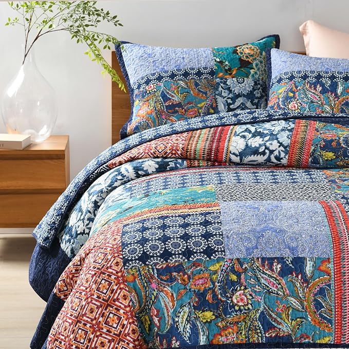 Secgo Twin Size Quilt Size - 100% Cotton Twin Comforter Set Bedding Sets (68 * 86 Inch) with 2 Pillow Shams, Patchwork Reversible Lightweight Bedspread