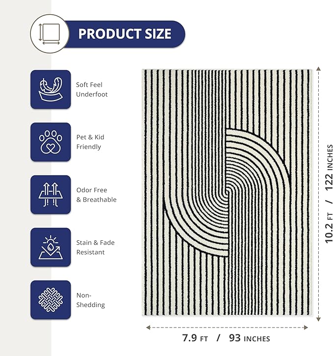 Abani Nuevo Collection Area Rug - Mid-Century Black and White Arch Knot Design - 8' x 10' - for Living Room, Bedroom & Office