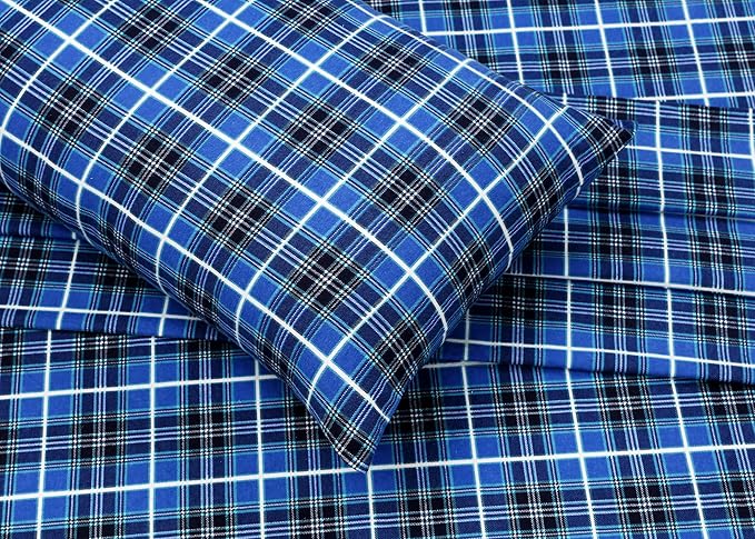 RUVANTI Flannel Sheets Twin Size - 100% Cotton Double Brushed Twin Sheets Set, Deep Pockets 16 Inches, All Seasons Breathable & Extra Soft Bed Sheets, Warm & Cozy, 3 Piece, Blue Plaid
