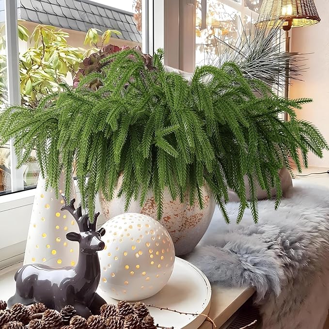12 Pcs Artificial Norfolk Pine Branches, Norfolk Pine Artificial Pine Stems DIY Crafts Faux Christmas Greenary Norfolk Pine Branches for Xmas Wreath Garland Home Decor (12)