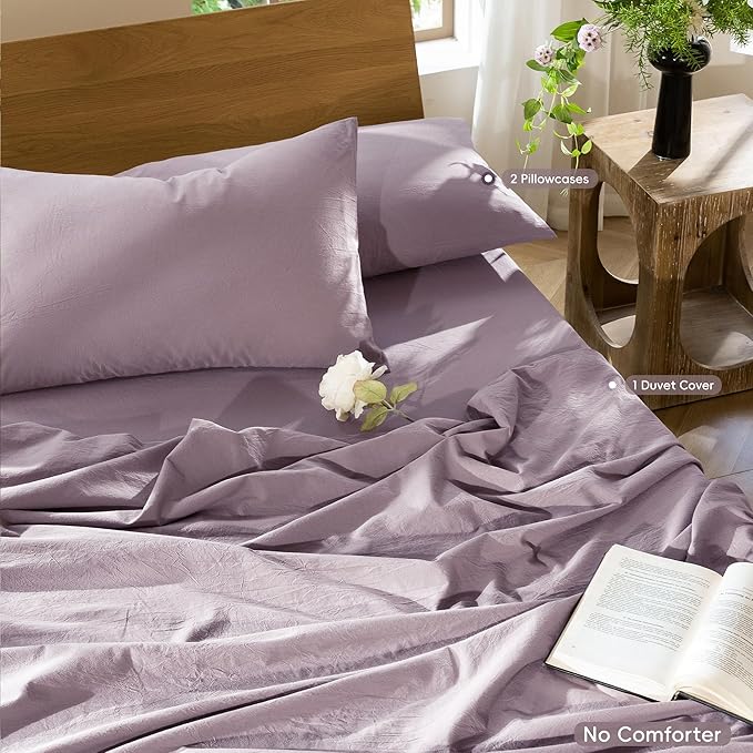 MooMee Bedding Duvet Cover Set 100% Washed Cotton Linen Like Textured Breathable Durable Soft Comfy (Solid Taro Purple, Super Queen 90"x98")
