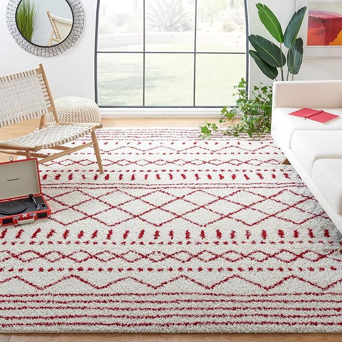 SAFAVIEH Area Rug 8x10 - Arizona Shag Collection - Large - Ivory & Red, Moroccan Design, Non-Shedding & Easy Cleaning, Ultra Plush Thick Pile, Ideal for Living Room, Bedroom, Dining Space (ASG741P)