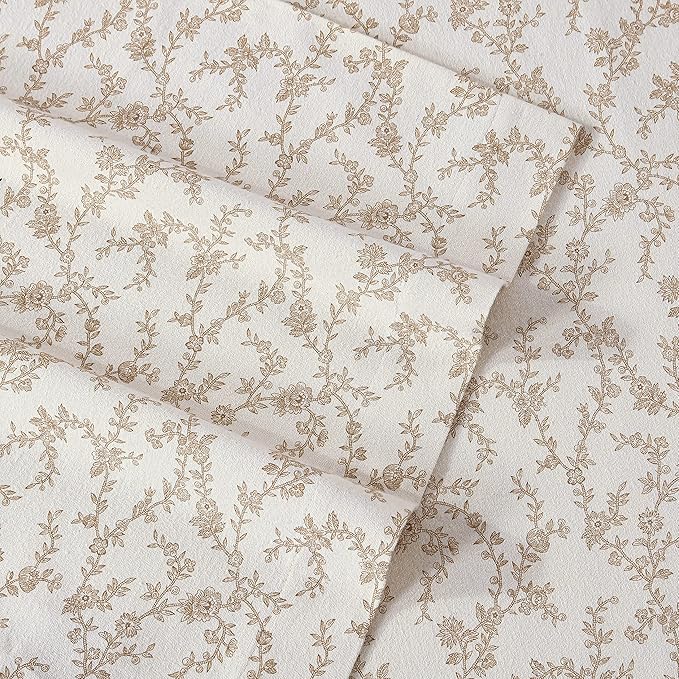 Laura Ashley - Flannel Sheets Full Size, Anti-Pilling & Wrinkle Resistant Cotton, Touchably Soft for All-Season Comfort - Bed Sheets with Matching Pillowcases & Fitted Sheet (Victoria Beige)