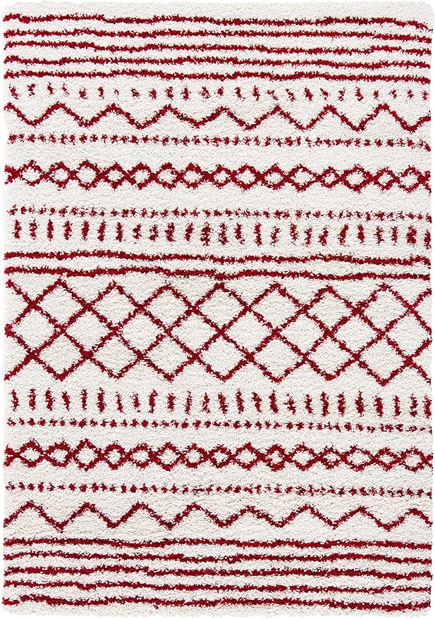 SAFAVIEH Arizona Shag Collection Accent Rug - 4' x 6', Ivory & Red, Moroccan Design, Non-Shedding & Easy Care, 1.6-inch Thick Ideal for High Traffic Areas in Entryway, Living Room, Bedroom (ASG741P)