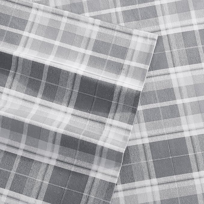 Laura Ashley - Flannel Sheets Queen Size, Anti-Pilling & Wrinkle Resistant Cotton, Touchably Soft for All-Season Comfort - Bed Sheets with Matching Pillowcases & Fitted Sheet (Mulholland Plaid Grey)