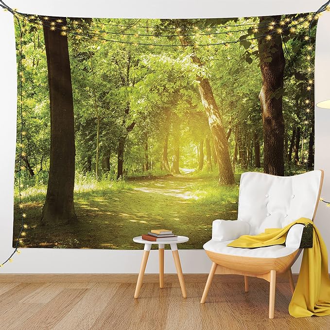 Lunarable Woodland Tapestry Twin Size, Tall Forest Trees Basking in The Morning Peaceful Environment in Green Nature, Wall Hanging Bedspread Bed Cover Wall Decor, Twin Size, Green Chocolate