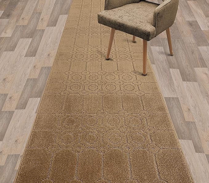 Custom Size Modern Abstract Floor Carpet Runner Rug for Hallways, Slip Resistant Latex Rubber Backed, 31 inch Wide X Customized Length, Art Gold Tan, 31 inch X 9 feet