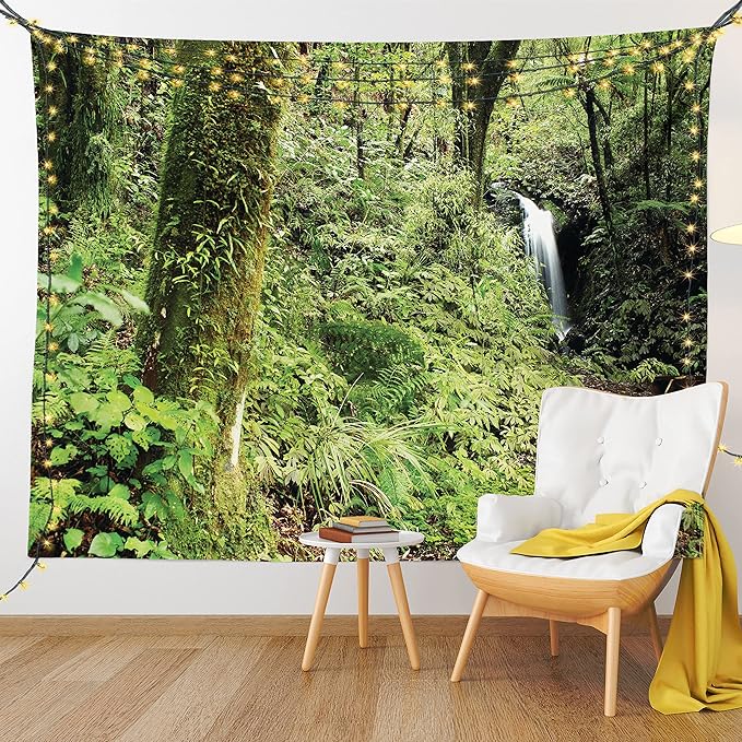 Lunarable Woodland Tapestry Twin Size, Waterfall in Deep Forest Scenery in The Woods Green of Earth Covering Plants, Wall Hanging Bedspread Bed Cover Wall Decor, Twin Size, Forest Green