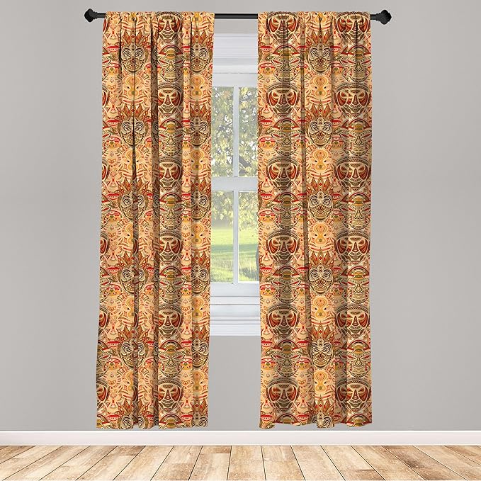Ambesonne African Curtains, Motif with Pattern Design, Window Treatments 2 Panel Set for Living Room Bedroom, Pair of - 28" x 84", Brown Orange