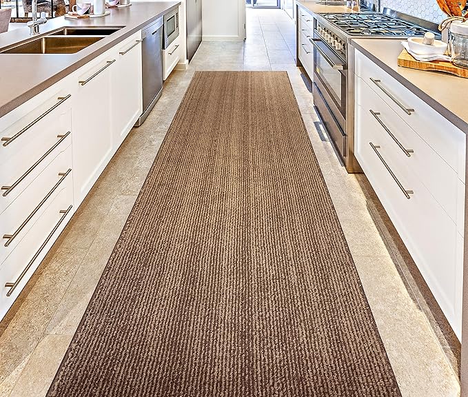 Custom Length Cut to Size Wide Width Carpet Runner Rug for Hallways, Slip Resistant Latex Rubber Backed, 31 inch Wide X Customized Length, Stripe Brown, 31 inch X 19 feet