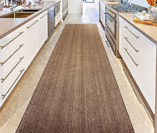 31 inch Wide Hallway Carpet Runner Rug, 7 ft, Custom Size, Non-Slip Rubber Back, Premium Dual Layer, Stripe Brown