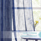 RYB Home Linen Sheer Curtains - Grommet Semi Sheer Privacy Farmhouse Curtain Panels for Bedroom Office Living Room, W 52 inch x L 45 inch, 2 Pcs, Navy Blue