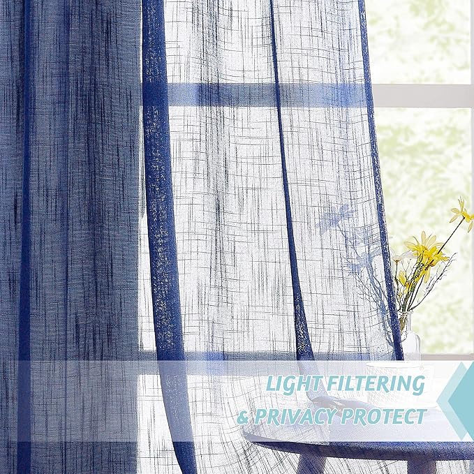 RYB Home Linen Sheer Curtains - Grommet Semi Sheer Privacy Farmhouse Curtain Panels for Bedroom Office Living Room, W 52 inch x L 45 inch, 2 Pcs, Navy Blue