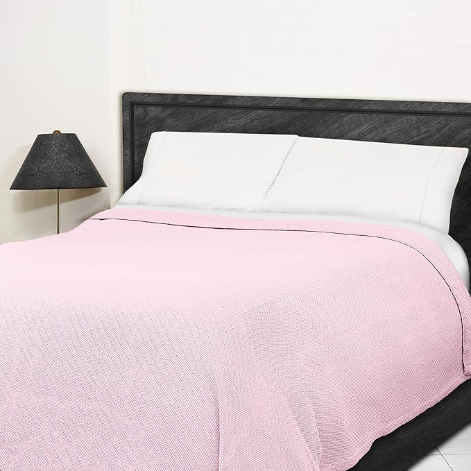 COTTON CRAFT Soft Cotton Thermal Blanket - Plush Herringbone Twill - All Season Luxurious Breathable Skin Friendly Lightweight Cooling Throw Blanket - Sofa Couch Travel Camping Dorm - Twin Light Pink