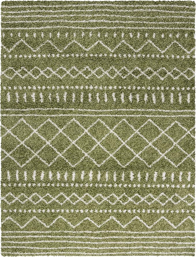 SAFAVIEH Arizona Shag Collection Area Rug - 6'7" x 9'2", Green & Ivory, Moroccan Design, Non-Shedding & Easy Care, 1.6-inch Thick Ideal for High Traffic Areas in Living Room, Bedroom (ASG741X)