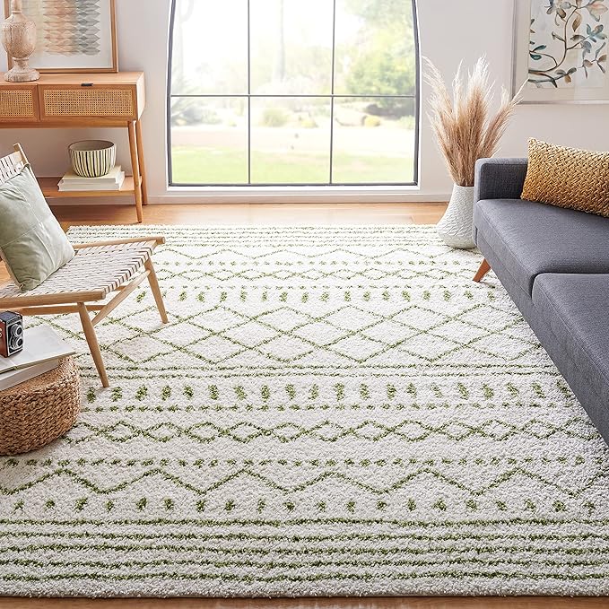 SAFAVIEH Arizona Shag Collection Area Rug - 9' x 12', Ivory & Green, Moroccan Design, Non-Shedding & Easy Care, 1.6-inch Thick Ideal for High Traffic Areas in Living Room, Bedroom (ASG741Y)