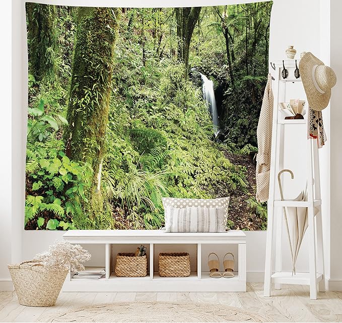 Lunarable Woodland Tapestry King Size, Waterfall in Deep Forest Scenery in The Woods Green of Earth Covering Plants, Wall Hanging Bedspread Bed Cover Wall Decor, King Size, Forest Green