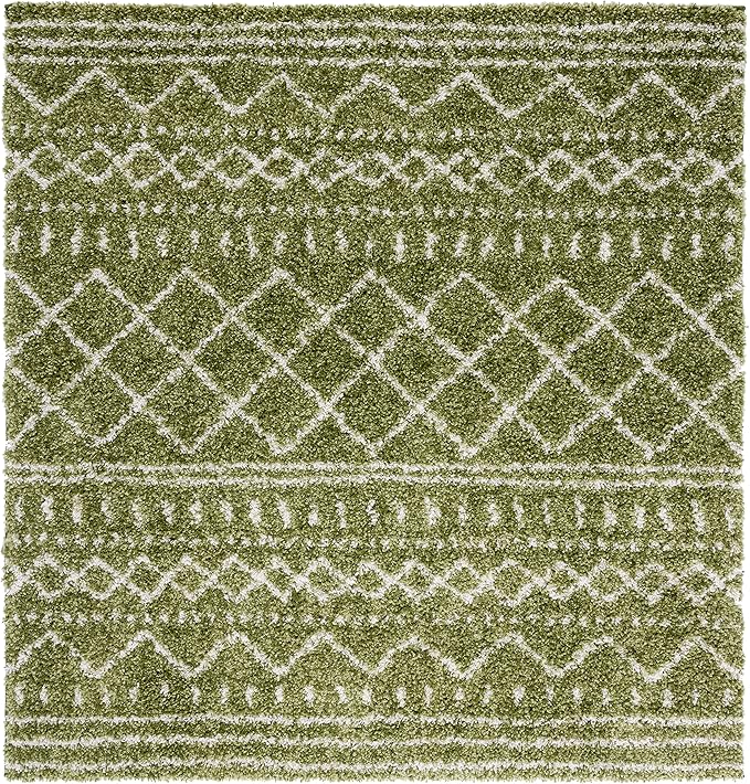 SAFAVIEH Arizona Shag Collection Area Rug - 6'7" Square, Green & Ivory, Moroccan Design, Non-Shedding & Easy Care, 1.6-inch Thick Ideal for High Traffic Areas in Living Room, Bedroom (ASG741X)