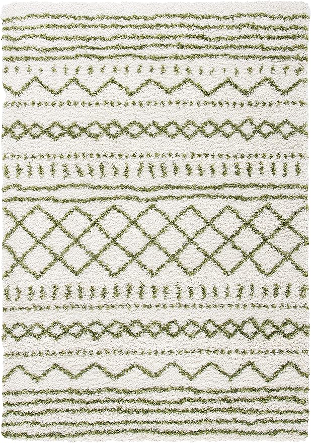 SAFAVIEH Arizona Shag Collection Accent Rug - 4' x 6', Ivory & Green, Moroccan Design, Non-Shedding & Easy Care, 1.6-inch Thick Ideal for High Traffic Areas in Entryway, Living Room, Bedroom (ASG741Y)