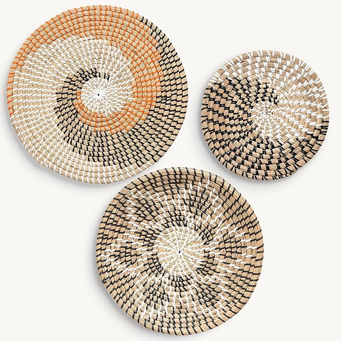 Set of 3 Round Wicker Wall Baskets, Brown, 13.78 in Flat, 11.8 in Deep, 10 in Flat