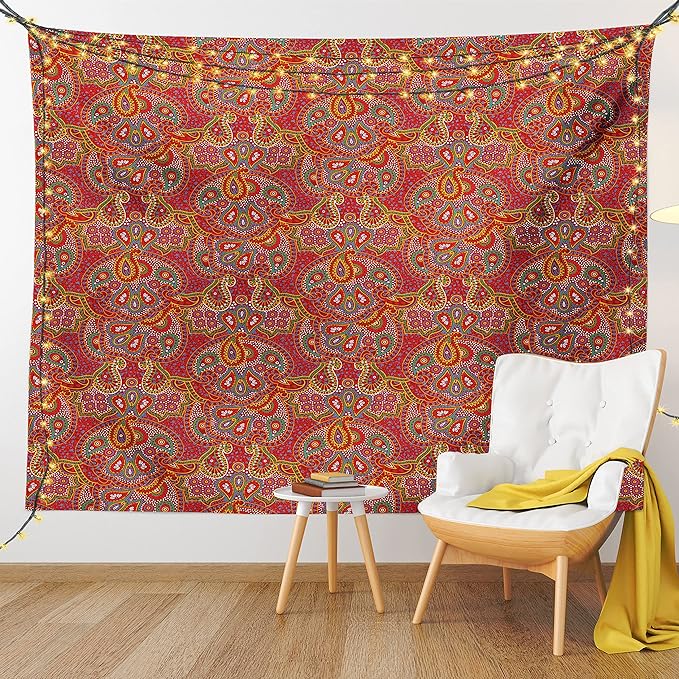 Lunarable Paisley Tapestry Twin Size, Vibrant Colored Pattern with Various Oriental Design Elements Boho Influence, Wall Hanging Bedspread Bed Cover Wall Decor, Twin Size, Ruby, 68" Width x 88" Length