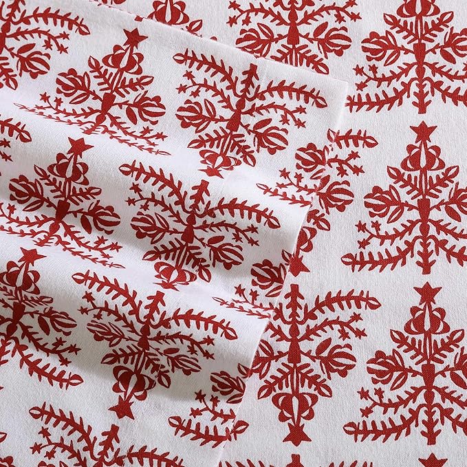 Eddie Bauer - Flannel Sheets King Size, Anti-Pilling & Wrinkle Resistant Cotton, Touchably Soft for All-Season Comfort - Bed Sheets with Matching Pillowcases & Fitted Sheet (Jolly Trees Red)
