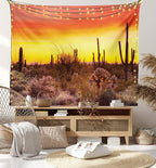 Ambesonne Saguaro Tapestry, Sun Rays Over Sonoran Desert at Sunset Brittle Bush Shrub Vibrant Colors, Wide Wall Hanging for Bedroom Living Room Dorm, 60" X 40", Red Orange Black