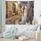 Lunarable City Tapestry, Narrow Street Gothic Design Architecture Carrer del Bisbe Barcelona Spain Europe, Wide Wall Hanging for Bedroom Living Room Dorm, 80" X 60", Tan Pale Brown