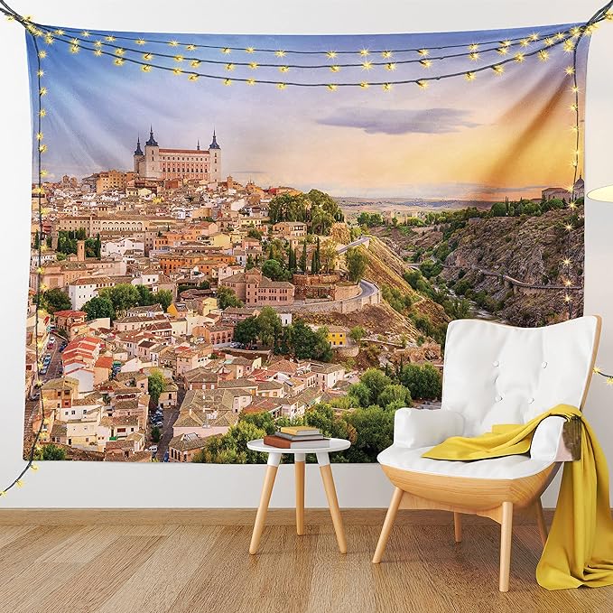 Ambesonne Scenery Tapestry, Toledo Spain Old City Over The Tagus River Downtown Castle Architecture, Wall Hanging for Bedroom Living Room Dorm Decor, 40" X 60", Apricot Cream Green