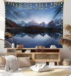 Lunarable Star Tapestry Queen Size, Night Sky with Milky Way Over a Mountain Landscape Lake Cosmos Galaxy Scenery Universe, Wall Hanging Bedspread Bed Cover Wall Decor, Queen Size, Brown Blue