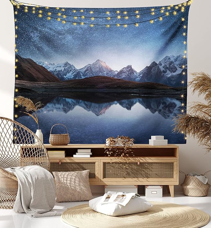 Lunarable Star Tapestry Queen Size, Night Sky with Milky Way Over a Mountain Landscape Lake Cosmos Galaxy Scenery Universe, Wall Hanging Bedspread Bed Cover Wall Decor, Queen Size, Brown Blue