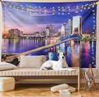 Ambesonne Urban Tapestry, Jacksonville Florida Architecture Business District Cityscape Evening Scene, Wide Wall Hanging for Bedroom Living Room Dorm, 60" X 40", Violet Blue Peach