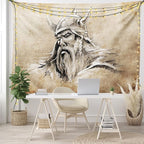 Lunarable Viking Tapestry, Sketch Style Scandinavian Warrior with Beard and Hat Masculine Portrait Tattoo, Wide Wall Hanging for Bedroom Living Room Dorm, 80" X 60", Beige Tan