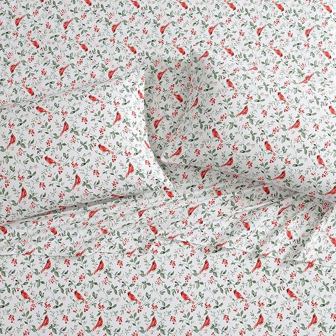 Laura Ashley - Flannel Sheets King Size, Anti-Pilling & Wrinkle Resistant Cotton, Touchably Soft for All-Season Comfort - Bed Sheets with Matching Pillowcases & Fitted Sheet (Jolly Cardinals Green)