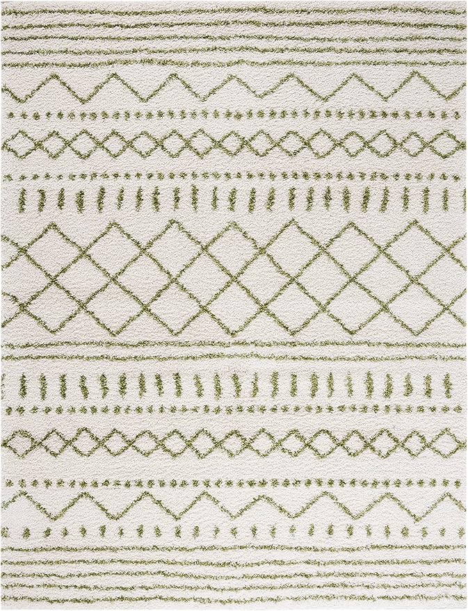 SAFAVIEH Arizona Shag Collection Area Rug - 9' x 12', Ivory & Green, Moroccan Design, Non-Shedding & Easy Care, 1.6-inch Thick Ideal for High Traffic Areas in Living Room, Bedroom (ASG741Y)