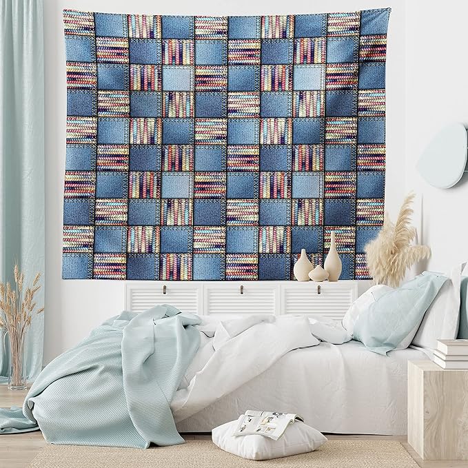 Lunarable Geometric Tapestry King Size, Quilt Design with Scraps of Denim and Knit Graphic Colorful Melange Print, Wall Hanging Bedspread Bed Cover Wall Decor, King Size, Blue