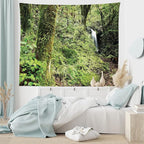 Lunarable Woodland Tapestry King Size, Waterfall in Deep Forest Scenery in The Woods Green of Earth Covering Plants, Wall Hanging Bedspread Bed Cover Wall Decor, King Size, Forest Green