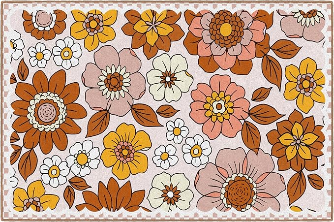 Flagship Carpets Schoolgirl Style Retro Floral Educational Area Rug for Kids Room Seating Décor, Children's Classroom, Play Carpet for Teaching and Playroom, 5' x 7'6", Pink