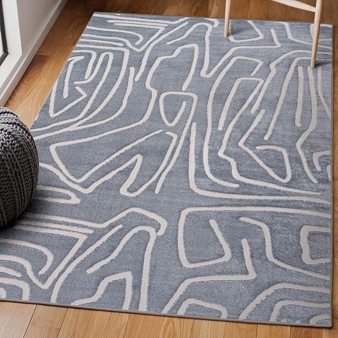 JONATHAN Y Graphic Lines High-Low Indoor Area Rug 5X8 Blue/White, Alcina Modern Scandinavian for Living Room, Bedroom, Kitchen, Easy-Cleaning, High Traffic, Pet-Friendly, Non-Shedding SND102D-5
