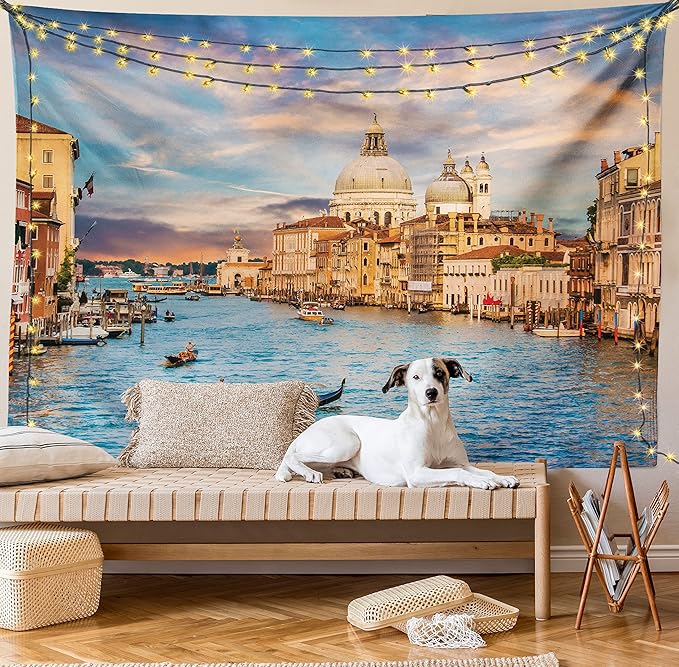 Ambesonne Scenery Tapestry, Gondola on Famous Grand Canal with Romantic View of Italian Architecture Venice, Wall Hanging for Bedroom Living Room Dorm Decor, 60" X 80", Multicolor