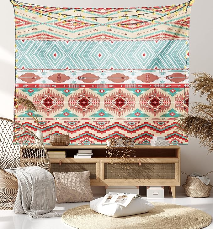 Lunarable Aztec Tapestry Twin Size, Culture Inspirations Ornamental Indigenous Chevron, Wall Hanging Bedspread Bed Cover Wall Decor, Twin Size, Turquoise Beige