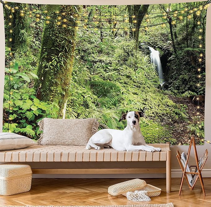 Lunarable Woodland Tapestry King Size, Waterfall in Deep Forest Scenery in The Woods Green of Earth Covering Plants, Wall Hanging Bedspread Bed Cover Wall Decor, King Size, Forest Green