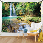 Lunarable Nature Tapestry King Size, Green Forest Waterfall and River Pool Pond Water Source Earth Landscape, Wall Hanging Bedspread Bed Cover Wall Decor, 104" X 88", Pale Brown and Green