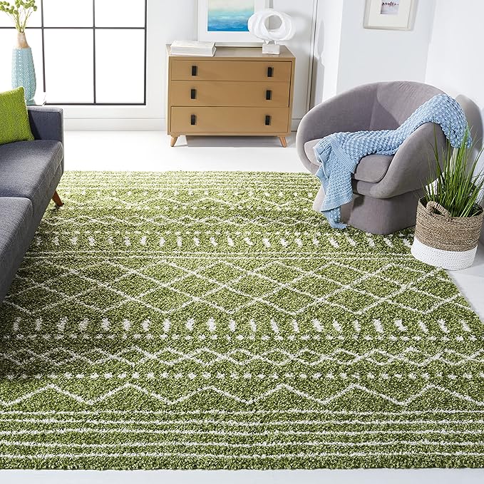 SAFAVIEH Arizona Shag Collection Area Rug - 9' x 12', Green & Ivory, Moroccan Design, Non-Shedding & Easy Care, 1.6-inch Thick Ideal for High Traffic Areas in Living Room, Bedroom (ASG741X)