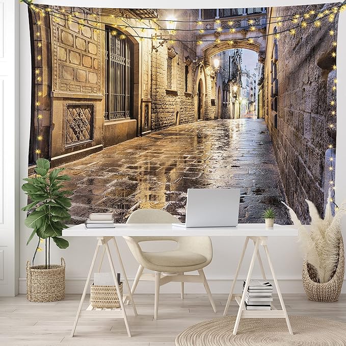 Lunarable City Tapestry, Narrow Street Gothic Design Architecture Carrer del Bisbe Barcelona Spain Europe, Wide Wall Hanging for Bedroom Living Room Dorm, 60" X 40", Tan Pale Brown